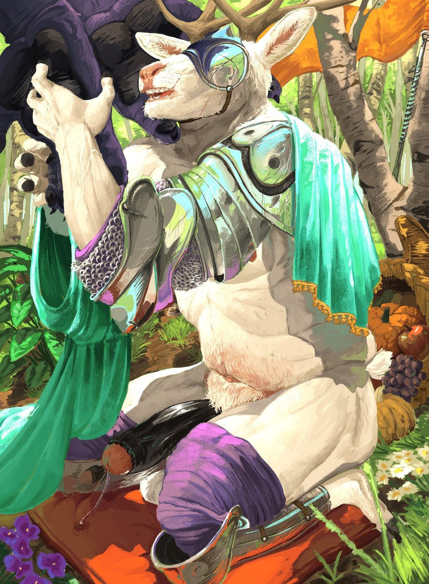 ambiguous_gender anthro anthro_on_anthro antlers apple armor balls barely_visible_nipples big_penis bodily_fluids cape claws clothing cornucopia detailed_background duo erection feet fingers flower food foot_fetish foreskin forest fruit fur genital_fluids genitals glans grape grass greaves hand_on_foot headgear helmet hooved_fingers hooves horn humanoid_genitalia humanoid_penis kneeling leaf male male/ambiguous muscular muscular_anthro muscular_male navel nipples nude open_mouth outside painterly pauldron pawpads penis plant precum pubes pumpkin scar shadow solo_focus teeth tree tuft unconvincing_armor avalath_tiger ambiguous_species deer mammal 2024 absurd_res hi_res