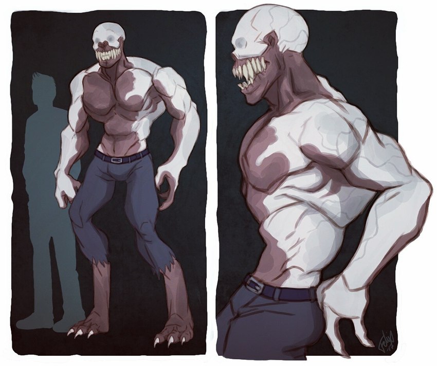 bulge clothed clothing male muscular not_furry pecs sharp_teeth solo teeth topless felixfellow judah humanoid monster 2017