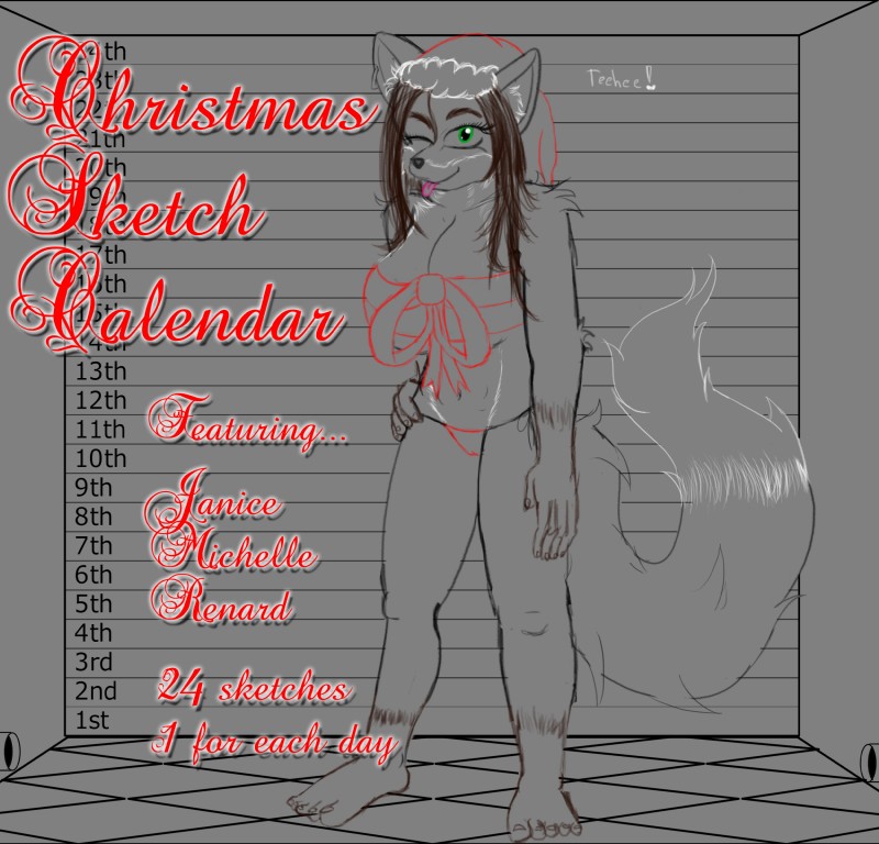 5_fingers 5_toes anthro bandeau barefoot biped black_bars breasts calendar camel_toe chest_wraps christmas_clothing christmas_headwear clothed clothing dipstick_tail feet female fingers fluffy fluffy_tail gloves_(marking) green_eyes hat headgear headwear holidays humanoid_feet inner_ear_fluff leg_markings looking_at_viewer markings navel panties plantigrade santa_hat simple_background smile socks_(marking) solo standing tail tail_markings text toes tongue tongue_out topwear tuft underwear wraps reactorguardian christmas canid canine fox mammal 2017 absurd_res comic english_text hi_res letterbox monochrome sketch