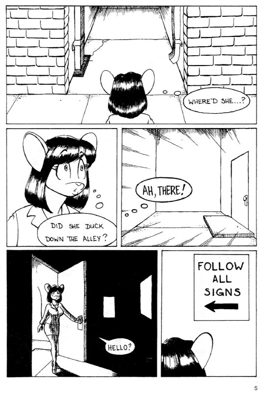 alley anthro city clothing female mystery rat_maze sign suit text david_a_cantero genus mammal mouse murid murine rodent black_and_white comic english_text hi_res monochrome pen_(artwork) traditional_media_(artwork)