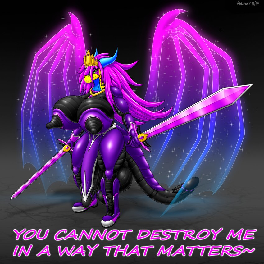 anthro armor balls big_balls big_breasts big_penis boots bottomwear breasts clothing crown footwear genitals hair headgear herm horn huge_balls huge_breasts huge_penis hyper hyper_balls hyper_breasts hyper_genitalia hyper_penis intersex loincloth long_hair looking_at_viewer magenta_hair melee_weapon multi_genitalia multi_penis nipples penis shoes simple_background solo standing sword tail tail_genitals tail_penis text unusual_anatomy unusual_genitalia_placement unusual_penis_placement unusual_tail weapon wings ahkvenir mythology dragon mythological_creature mythological_scalie scalie 1:1 english_text hi_res