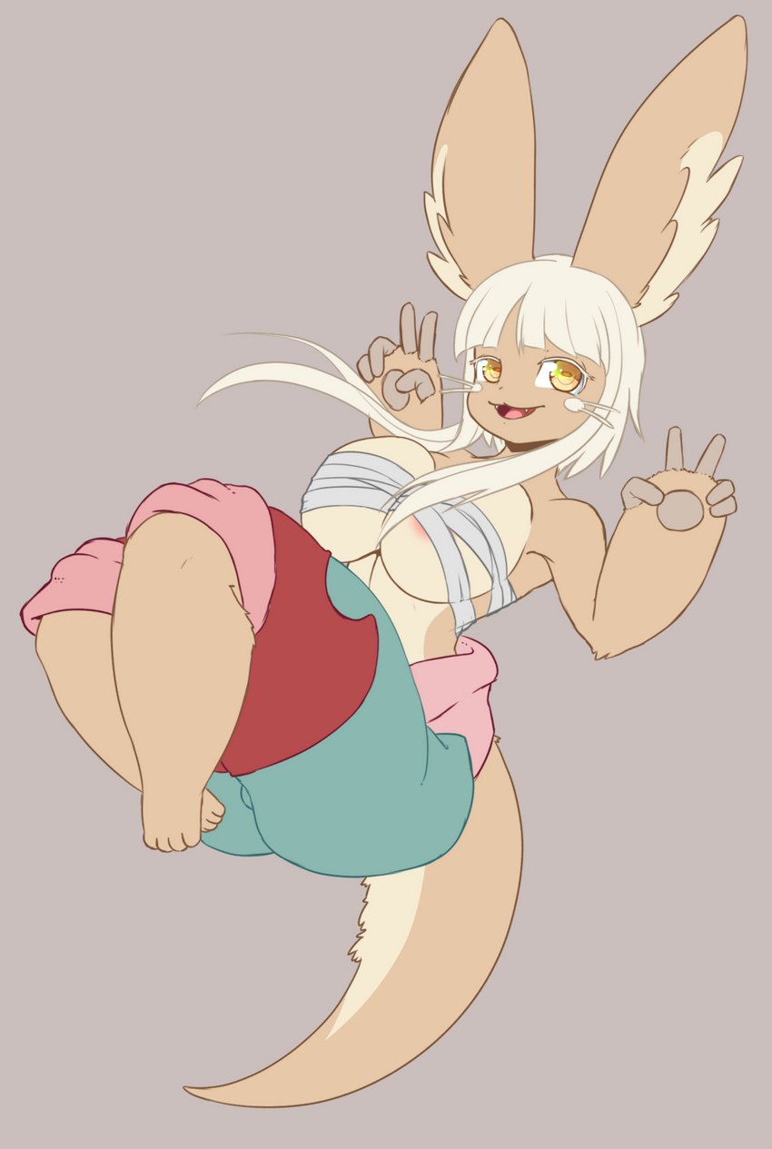 anthro areola areola_slip bandage bottomwear bound_top breasts clothing feet female fluffy_ears fur gesture hair hand_gesture nipples pants small_feet solo tail v_sign white_hair wrappings yellow_eyes honky_kat made_in_abyss nanachi humanoid mammal narehate hi_res