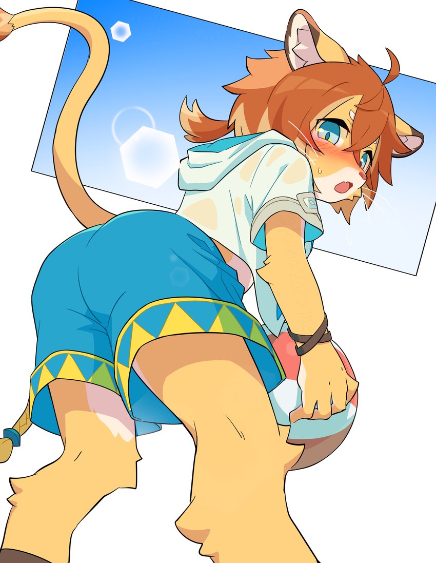 ahoge ankle_tuft anthro arm_tuft ball blue_clothing blue_eyes blue_pupils blue_swimming_trunks blue_swimwear blush bodily_fluids bottomwear brown_ear_tips brown_hair butt butt_focus cheek_tuft clothing countershading dipstick_ears ear_markings elbow_tuft eyebrows facial_tuft furgonomic_bottomwear furgonomics hair inner_ear_fluff knee_tuft leg_tuft lens_flare looking_at_viewer looking_back looking_back_at_viewer low-angle_view male midriff multicolored_ears ponytail pupils shirt shota solo sweat sweatdrop swimming_trunks swimwear t-shirt tail tail_tuft topwear translucent translucent_hair tuft volleyball_(ball) whiskers white_body white_countershading white_eyebrows white_inner_ear_fluff young young_anthro young_male konazarame cygames world_flipper teo_(world_flipper) felid lion mammal pantherine 2023 absurd_res hi_res