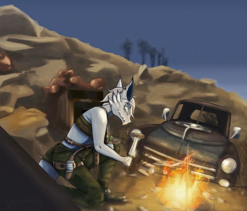 anthro beef boots building car clothing desert fire food footwear house knife meat motor_vehicle piercing plateau rock scrap shoes steak sunny tail vehicle vintage_car wood vandclash fallout microsoft mythology canid canine canis domestic_dog dragon mammal mythological_creature mythological_scalie scalie absurd_res hi_res trans_(lore)