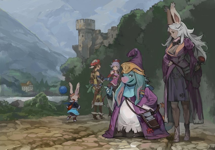 anthro bow_tie detailed_background female fur grey_body grey_fur group hair long_ears long_hair male messenger_bag overweight white_hair nakade1 final_fantasy final_fantasy_tactics final_fantasy_tactics_advance_2 square_enix ezel_berbier hurdy human humanoid lagomorph mammal moogle nu_mou viera