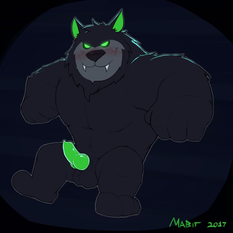 animal_genitalia animal_penis anthro balls black_nose blush canine_genitalia canine_penis erection fangs fur genitals glowing glowing_eyes glowing_genitalia glowing_penis green_eyes knot looking_at_viewer male muscular muscular_anthro muscular_male nude pecs penis sheath smile solo spread_legs spreading teeth conditional_dnp mabit danny_phantom nickelodeon wulf_(danny_phantom) canid canine canis ghost mammal spirit wolf 1:1 2017 digital_media_(artwork) hi_res