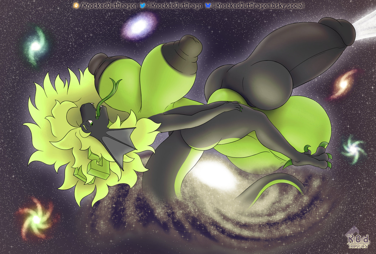 anthro balls big_balls big_breasts big_butt big_knot big_nipples big_penis black_body black_nipples bodily_fluids breasts butt claws colored_nails cosmic_background cum curvy_figure excessive_cum excessive_genital_fluids fangs galaxy genital_fluids genitals green_body green_claws green_eyes green_hair green_horn green_nails green_scales gynomorph hair horn huge_balls huge_breasts huge_knot huge_nipples huge_penis humanoid_genitalia humanoid_penis hybrid_genitalia hybrid_penis hyper hyper_balls hyper_genitalia hyper_knot hyper_penis intergalactic_macro intersex knot knotted_humanoid_penis knotted_penis long_hair long_tongue macro nails nipples open_mouth penis scales solo tail teeth thick_tail thick_thighs tongue zero_gravity knockedoutdragon european_mythology mythology kaya_(knockedoutdragon) dragon mythological_creature mythological_scalie scalie western_dragon hi_res watermark