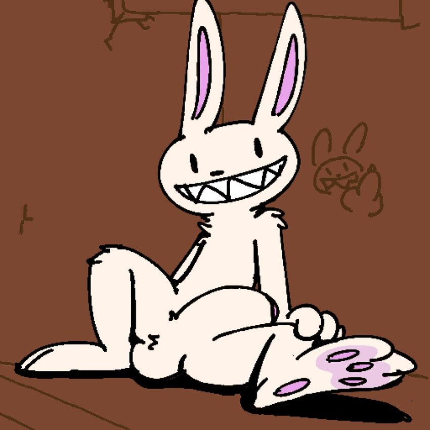 anthro biped erection fur genitals looking_at_viewer male penis sitting sitting_on_ground solo white_body white_fur silly_imp sam_and_max max_(sam_and_max) lagomorph leporid mammal rabbit 1:1