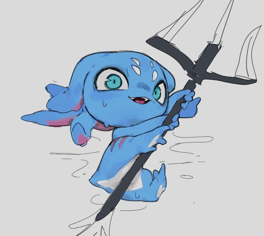 ambiguous_gender anthro biped blue_body blue_eyes holding_melee_weapon holding_object holding_polearm holding_trident holding_weapon melee_weapon open_mouth polearm simple_background solo trident weapon white_body ramssa league_of_legends riot_games tencent fizz_(lol) yordle