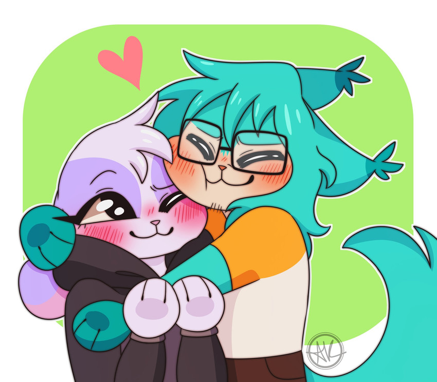 anthro blue_body blue_fur blush duo eyewear female fur glasses hug love male purple_body purple_fur romantic romantic_couple simple_background adoodle hunicast hunibun kovicat felid feline lagomorph leporid mammal rabbit hi_res watermark