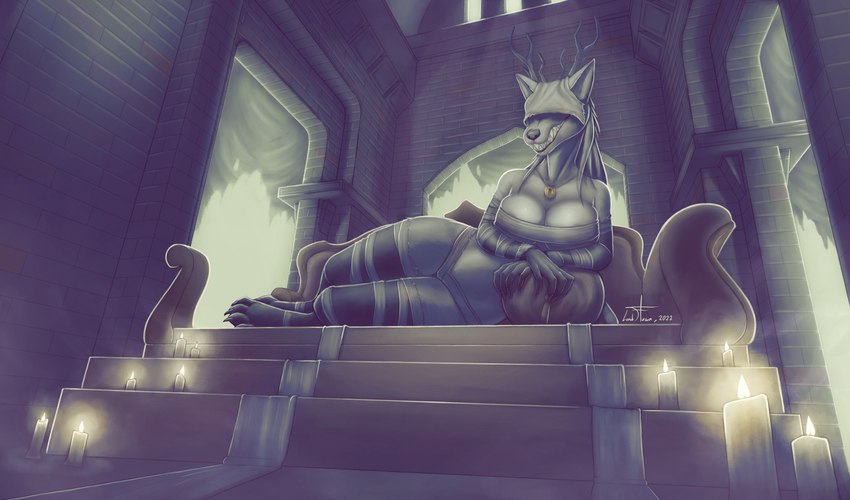 anthro antlers bandage barely_visible_areola big_breasts blood bodily_fluids breasts brick_wall candle claws clothing curtains cushion dust dust_cloud female fog fur furniture horn inside jewelry light_rays lying lying_on_sofa necklace on_side on_sofa pillow smile sofa teeth teeth_showing thick_thighs wall_(structure) white_body white_fur lordflawn bloodborne dark_souls fromsoftware join_covenant_(meme) mythology sony_corporation sony_interactive_entertainment vicar_amelia canid canine mammal mythological_canine mythological_creature werecanid werecanine werecreature werewolf 2022 absurd_res hi_res meme signature