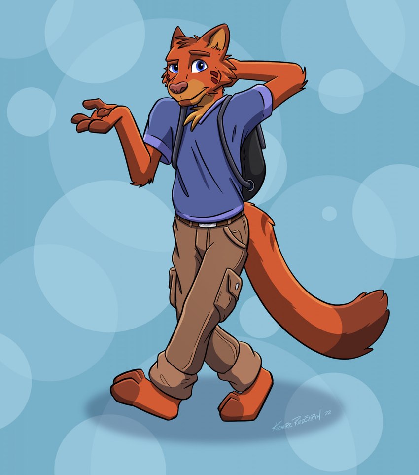 anthro backpack belt black_backpack blue_background blue_clothing blue_eyes blue_shirt blue_t-shirt blue_topwear bottomwear brown_bottomwear brown_clothing brown_pants circle_background clothing gesture hair long_tail looking_at_viewer male pants plantigrade pockets shadow shirt shrug simple_background solo t-shirt tail toony topwear tuft walking kemira kemira_redearth_(character) canid canine canis domestic_cat felid feline felis hybrid mammal wolf 2022 hi_res signature