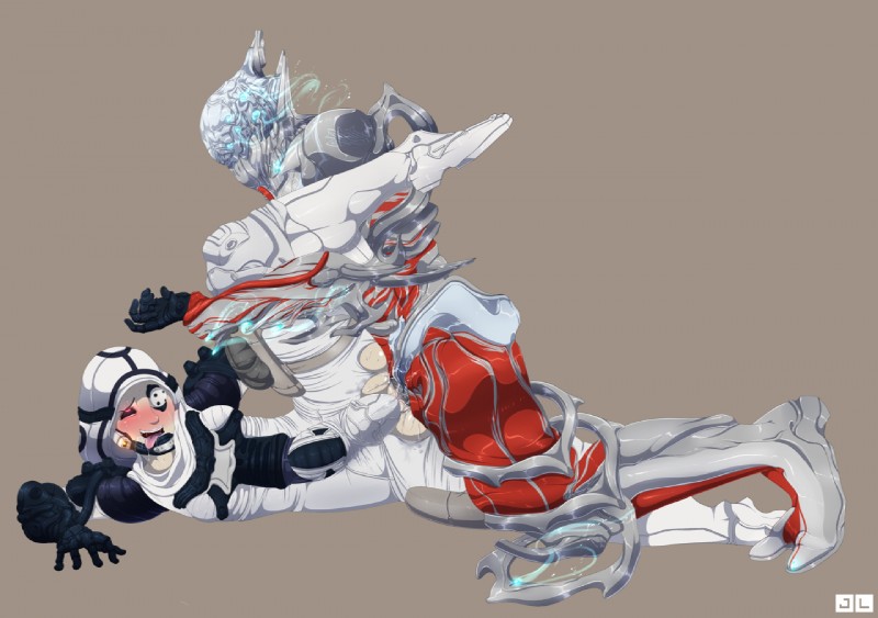 abdominal_bulge ahegao duo female looking_pleasured male male/female not_furry sex simple_background steel_meridian jlullaby digital_extremes tencent warframe cressa_tal nekros_(warframe) alien grineer tenno 2015