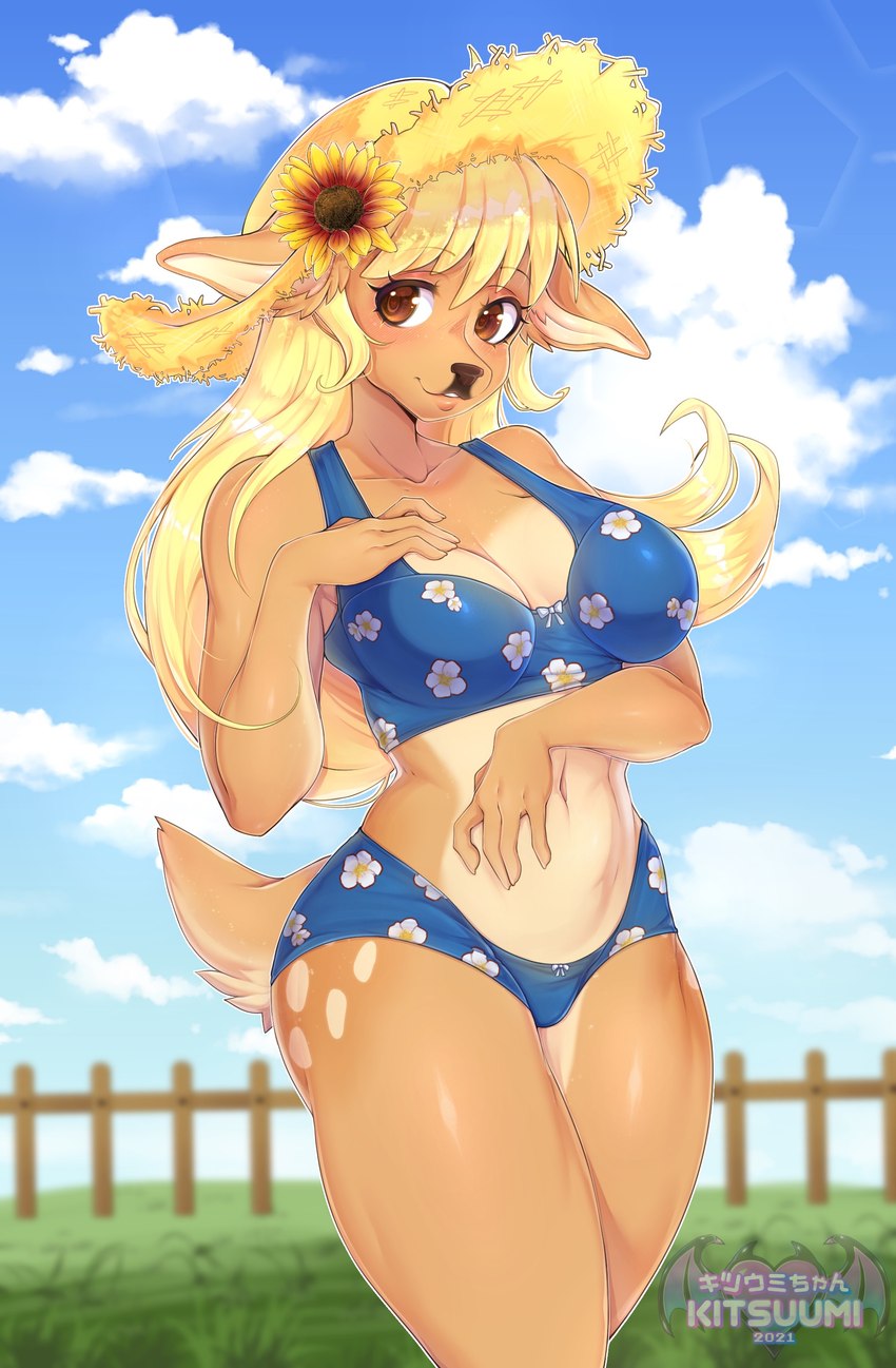 anthro blonde_hair clothing cloud eyelashes female fence fingers hair hait hat headgear headwear long_hair navel smile solo kitsuumi deer mammal 2021 absurd_res digital_media_(artwork) hi_res