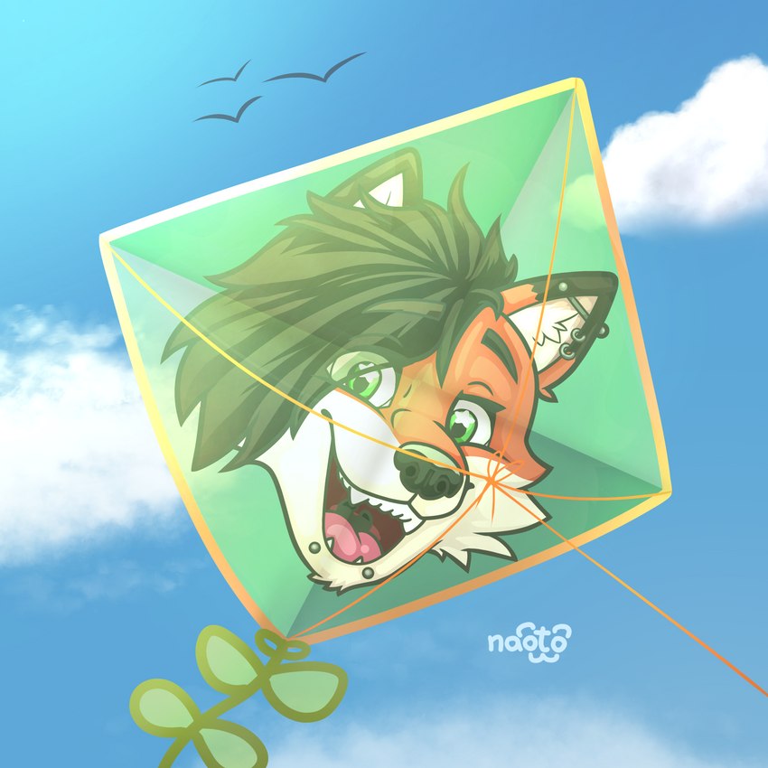 anthro cloud cometa kite male piercing sky smile solo sun sunny naoto canid canine fox mammal 1:1 hi_res