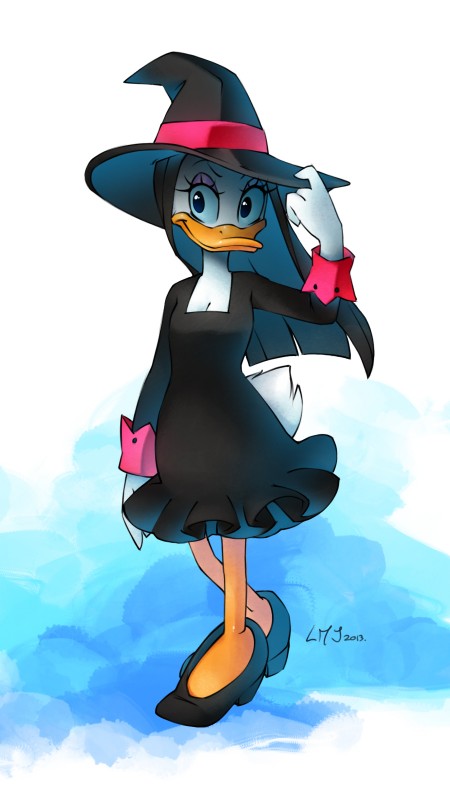 anthro beak biped black_hair blue_eyes breasts cleavage clothed clothing dress female footwear hair hat headgear headwear high_heels long_hair looking_at_viewer makeup non-mammal_breasts shoes simple_background solo standing white_background white_body white_skin yellow_body yellow_skin katiramoon magica_de_spell anatid anseriform avian bird duck 2013 9:16 hi_res