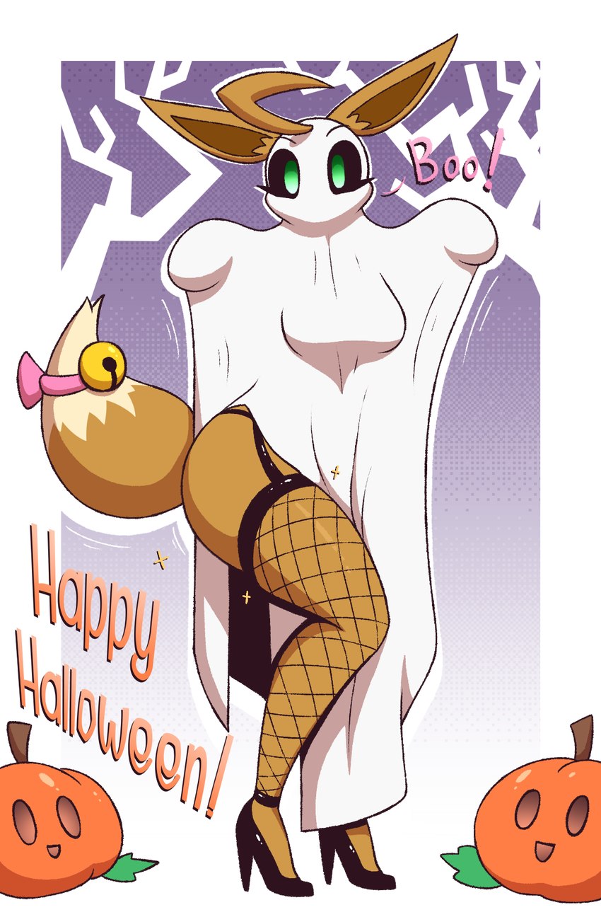 anthro bedsheet_ghost bell big_breasts breasts clothing female fishnet_clothing fishnet_leggings fishnet_legwear fishnet_thigh_highs food footwear fruit high_heels holidays leggings legwear plant presenting presenting_legs presenting_thigh pumpkin shoes solo standing stockings tail text thick_thighs thigh_highs wide_hips r-mk halloween nintendo pokemon naomi_(r-mk) eevee generation_1_pokemon pokemon_(species) 2023 digital_media_(artwork) english_text hi_res