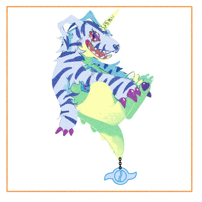 ambiguous_gender blue_body blue_fur border claws crest_of_friendship digimon_crest fur horn red_eyes smile solo symbol teeth white_border maybelsart bandai_namco digimon digimon_(species) gabumon reptile scalie 1:1 hi_res