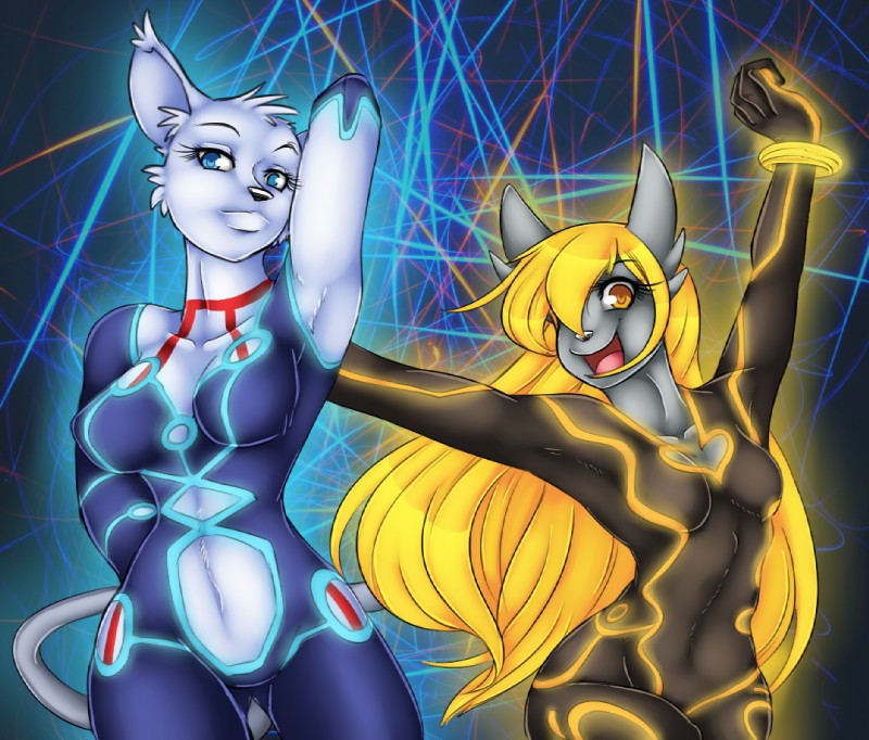 anthro clothing cybersuit duo ear_tuft female fur glowing inner_ear_fluff rave tuft micki pikuna bandai_namco digimon fakemon fan_character kamikunamon kurikunamon domestic_cat felid feline felis mammal