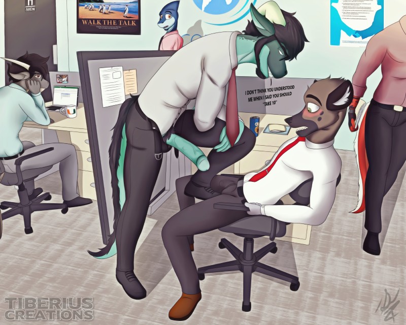 anthro at_work balls beard biceps biped blue_penis blush bottomwear bulge butt clothed clothing computer cubicle desk electronics erection exposing eyewear facial_hair fingers flashing furniture genitals glasses green_penis group hair horn humanoid_genitalia humanoid_penis laptop male male/male muscular muscular_male office open_mouth pants pecs penis public scales shirt smile spreadsheet table tail text topwear underwear unprofessional_behavior tiberius_creations aggretsuko mythology sanrio haida_(aggretsuko) noble_(nakasuji) tiberius dragon hyena mammal mythological_creature mythological_scalie reptile scalie spotted_hyena wingless_dragon 2019 5:4 absurd_res digital_drawing_(artwork) digital_media_(artwork) english_text hi_res