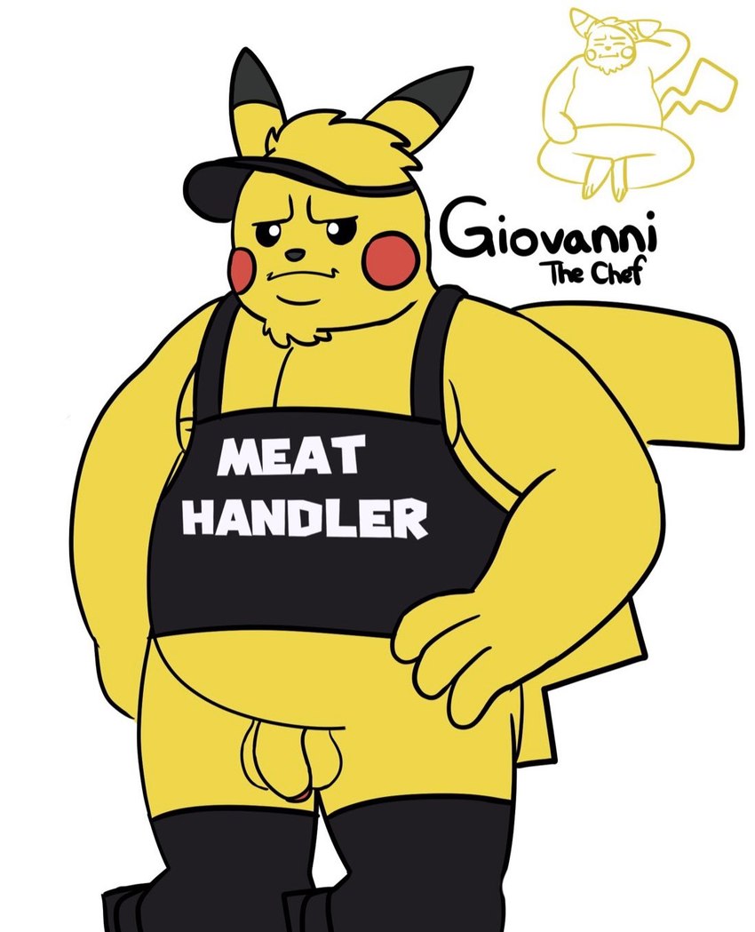 anthro anthrofied apron balls clothing facial_tuft footwear genitals hat headgear headwear male overweight penis pokemorph sitting slightly_chubby socks solo tuft baconatordeluxe nintendo pokemon giovanni_the_chef generation_1_pokemon pikachu pokemon_(species) hi_res sketch