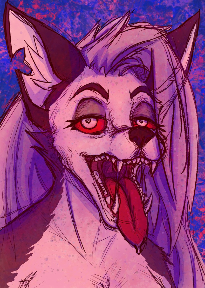 anthro bodily_fluids fangs female fur hair looking_at_viewer mouth_shot nude open_mouth red_sclera saliva saliva_string simple_background sketchy smile solo teeth tongue tongue_out uvula white_body white_fur lewdiro helluva_boss mythology loona_(helluva_boss) canid canid_demon canine demon hellhound mammal mythological_canine mythological_creature digital_media_(artwork) hi_res shaded sketch