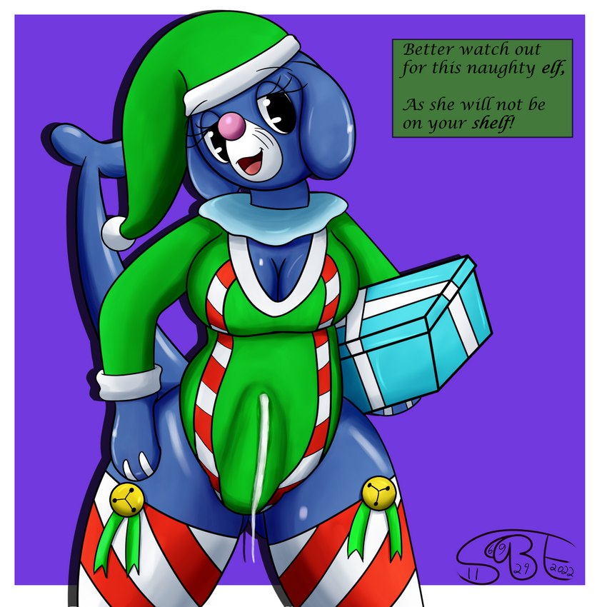 anthro big_breasts blue_body bodily_fluids bottomless breasts bulge christmas_clothing christmas_headwear clothed clothing cum cum_drip cum_in_clothing cum_through_clothing dripping erection erection_under_clothing floppy_ears genital_fluids gift headgear headwear herm holidays intersex looking_at_viewer pokemorph raised_tail smile solo tail text thick_thighs wet wet_clothing sexybigears69 christmas nintendo pokemon fizzy_pop_the_popplio generation_7_pokemon pokemon_(species) popplio 1:1 hi_res