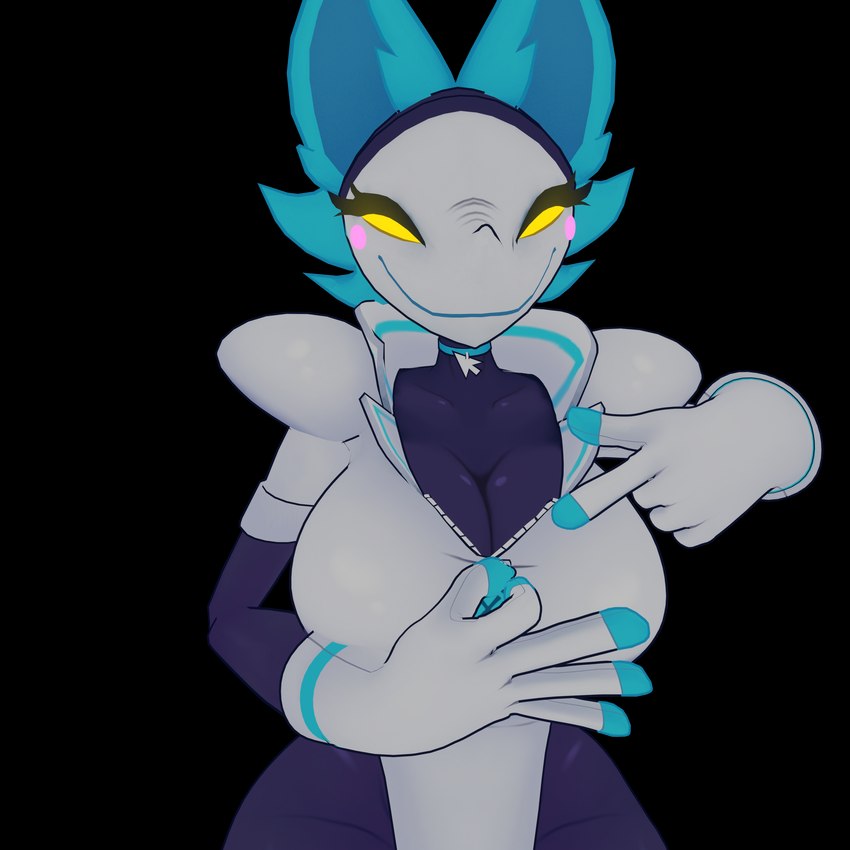 anthro big_breasts blue_body blue_fur blush breasts clothed clothing female fur gesture gloves glowing hand_gesture handwear mouse_cursor nipples ok_sign partially_clothed pointing pointing_at_breasts simple_background solo torn_clothing transparent_background zipper cryptiacurves goosin blender_eevee deltarune undertale_(series) tasque_(cryptiacurves) tasque_manager felid humanoid mammal 1:1 3d_(artwork) absurd_res alpha_channel blender_(artwork) digital_media_(artwork) hi_res