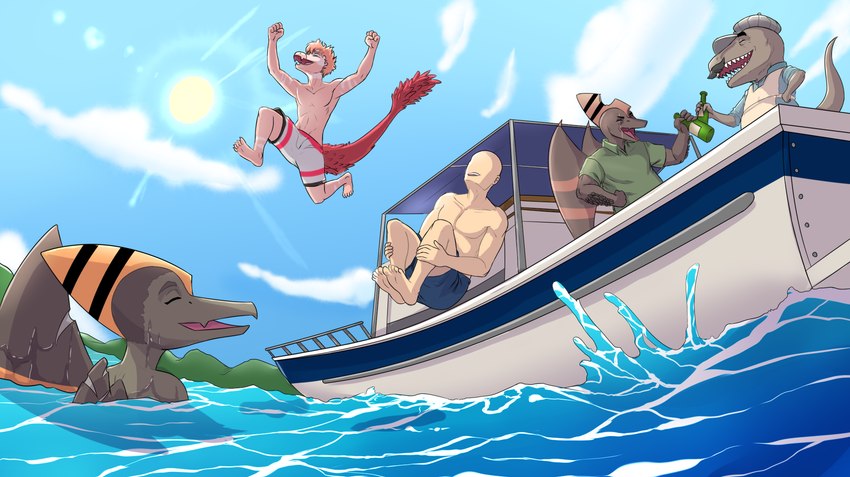 5_fingers 5_toes alcohol anthro apron bald beer beverage blue_clothing blue_sky blue_swimming_trunks blue_swimwear boat broken_wing brown_body brown_hair brown_scales claws clothing detailed_background eyes_closed facial_hair facial_scar feathered_tail feathers feet fingers group hair hat head_crest headgear headwear lake light-skinned_male light_body light_skin long_tail male mature_anthro mature_male midair motorboat_(boat) multicolored_body multicolored_scales mustache open_mouth open_smile orange_body orange_hair orange_scales outside partially_submerged pink_body pink_scales pink_stripes red_body red_feathers scales scar sharp_teeth short_hair sky smile snout striped_body striped_scales stripes sun swimming swimming_trunks swimwear tail teeth toe_claws toes two_tone_body two_tone_scales vehicle water watercraft wet wet_body wet_scales wings prometheuzone cavemanon_studios goodbye_volcano_high snoot_game anon_(snoot_game) moe_(snoot_game) naser_(gvh) reed_(gvh) ripley_(snoot_game) dinosaur dromaeosaurid feathered_dinosaur feathered_scalie human mammal prehistoric_species pterodactylus pterosaur reptile scalie theropod tyrannosaurid tyrannosauroid tyrannosaurus tyrannosaurus_rex velociraptor 2024 digital_drawing_(artwork) digital_media_(artwork) hi_res father_(lore) father_and_child_(lore) father_and_son_(lore) parent_(lore) parent_and_child_(lore) parent_and_son_(lore) son_(lore)