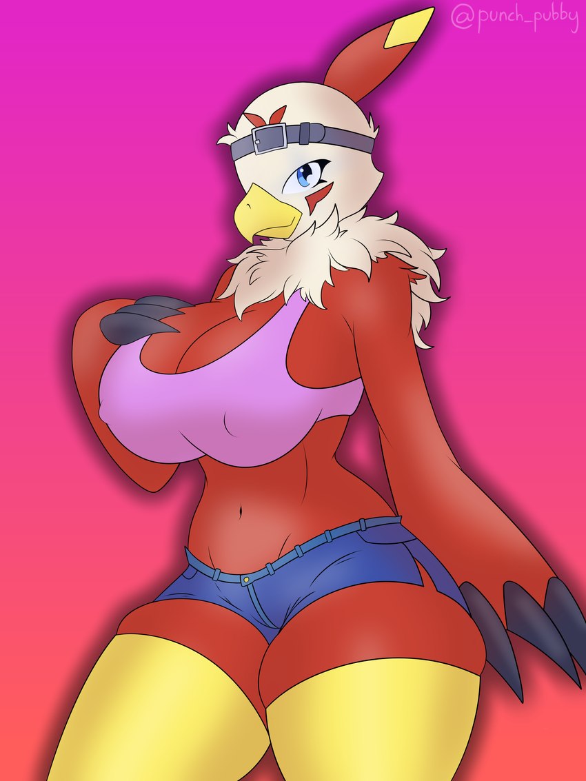 accessory anthro big_breasts bottomwear bra breasts claws cleavage clothed clothing feet female hand_on_breast headband hotpants neck_tuft nipple_outline outside shorts solo sports_bra talons thick_thighs toes tuft underwear punch_pubby bandai_namco digimon accipitrid accipitriform avian bird digimon_(species) hawkmon 3:4 absurd_res digital_media_(artwork) digital_painting_(artwork) hi_res shaded soft_shading warm_colors