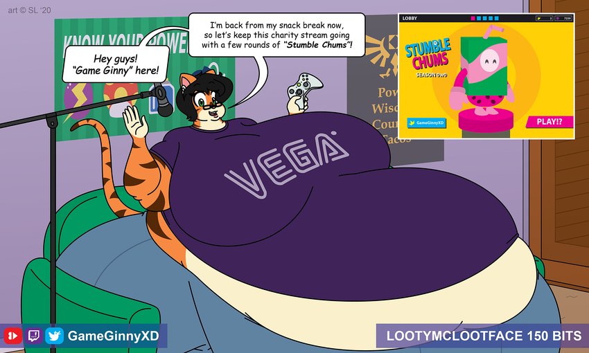 anthro belly big_belly big_breasts big_butt black_hair bottomwear breasts butt clothing controller copyright_symbol dialogue dialogue_box electronics female fur furniture game_controller green_eyes hair huge_belly huge_breasts huge_butt huge_thighs hyper hyper_belly hyper_thighs livestream microphone morbidly_obese morbidly_obese_anthro morbidly_obese_female obese obese_anthro obese_female open_mouth overweight overweight_anthro overweight_female pants shirt sofa solo speech_bubble striped_body striped_fur stripes studio symbol text text_on_clothing text_on_shirt text_on_topwear thick_thighs topwear satsumalord ginny_(satsumalord) domestic_cat felid feline felis mammal toyger 2020 5:3 comic_sans digital_media_(artwork) english_text hi_res