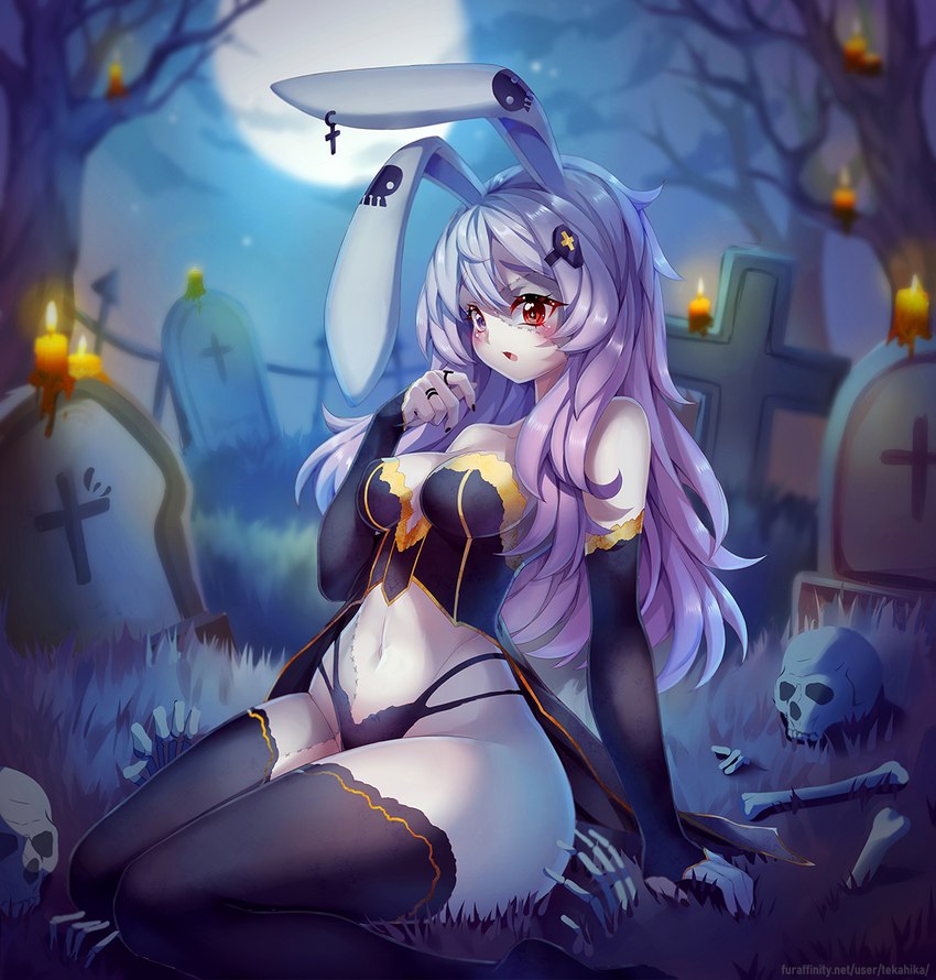 anthro arm_support biped blue_eyes blush bone breasts candle cemetery clothed clothing ear_piercing exposure_variation eyelashes female fence front_view full_moon grass hair heterochromia holidays lit_candle long_hair moon night open_mouth outside piercing plant purple_hair red_eyes sitting sitting_on_ground skeleton skull solo text tombstone tree tekahika halloween lagomorph leporid mammal rabbit undead digital_media_(artwork) hi_res shaded soft_shading url