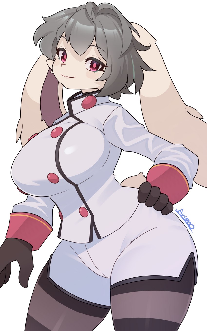 anthro big_breasts breasts clothing eyes_closed female grey_hair hair legwear long_sleeves looking_at_viewer red_eyes short_hair smile solo tights arumo lagomorph leporid mammal rabbit 5:8 absurd_res hi_res