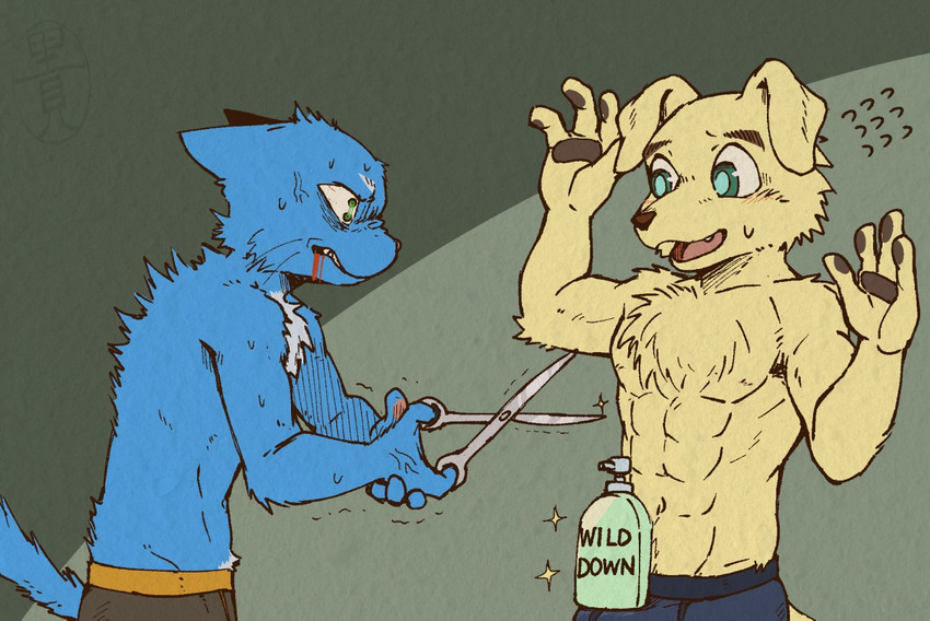 abs angry anthro blood blue_body blue_fur bodily_fluids clothed clothing duo fur green_eyes kemono male muscular muscular_male pawpads scissors sweat teal_eyes topless yellow_body yellow_fur dark_ishihara shampoo_challenge aoniya_yuudai kaneinu_kosuke canid canine canis domestic_cat domestic_dog felid feline felis mammal 2020 meme