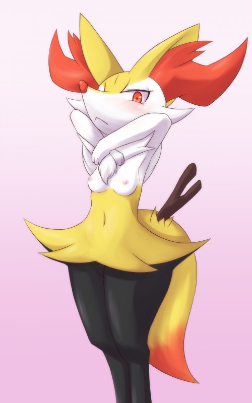 anthro areola big_ears blush breasts female fur hind_legs humanoid_pointy_ears inner_ear_fluff looking_at_viewer navel nipples nude pointy_ears red_eyes small_breasts solo standing stick thick_thighs tuft wood aoinu nintendo pokemon braixen canid canine generation_6_pokemon mammal pokemon_(species) 5:8 hi_res