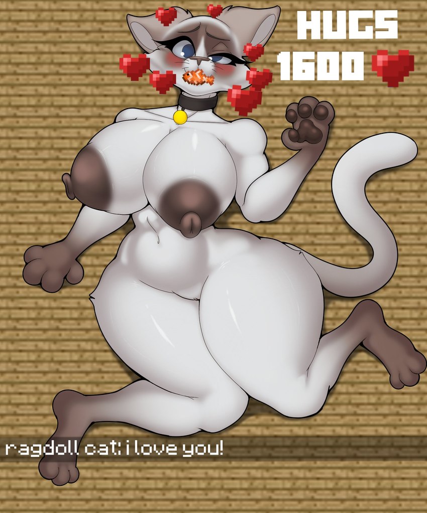 3_toes 4_fingers anthro areola big_areola big_breasts biped black_collar blue_eyes blush breasts brown_areola brown_body brown_eyebrows brown_fur brown_nipples brown_nose chat_message clitoris collar collar_tag dialogue eyebrows eyelashes feet female fingers fish_in_mouth food_in_mouth fur genitals heart_symbol interaction_drive like_goal lying navel nipple_dip nipples on_back simple_background solo text thick_eyelashes thick_thighs tiled_background toes white_body white_fur white_sclera wide_hips foxgumie microsoft minecraft mojang xbox_game_studios cat_(minecraft) clownfish domestic_cat felid feline felis fish mammal marine pomacentrid ragdoll_cat ragdoll_cat_(minecraft) 5:6 digital_drawing_(artwork) digital_media_(artwork) english_text hi_res