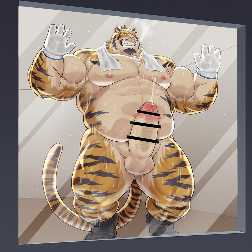 anthro balls belly big_belly bodily_fluids clothing cum ejaculation erection genital_fluids genitals gloves handwear humanoid_genitalia humanoid_penis kemono male moobs navel nipples overweight overweight_male penis pink_nose smoking solo sweat towel towel_around_neck mti777 felid mammal pantherine tiger 1:1 2023 censored hi_res