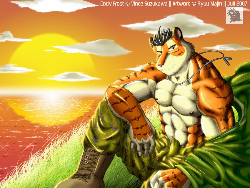 anthro bottomwear clothing detailed_background male muscular muscular_anthro muscular_male outside pants sitting solo sun text ryuu_majin felid mammal pantherine tiger 2007 4:3 english_text