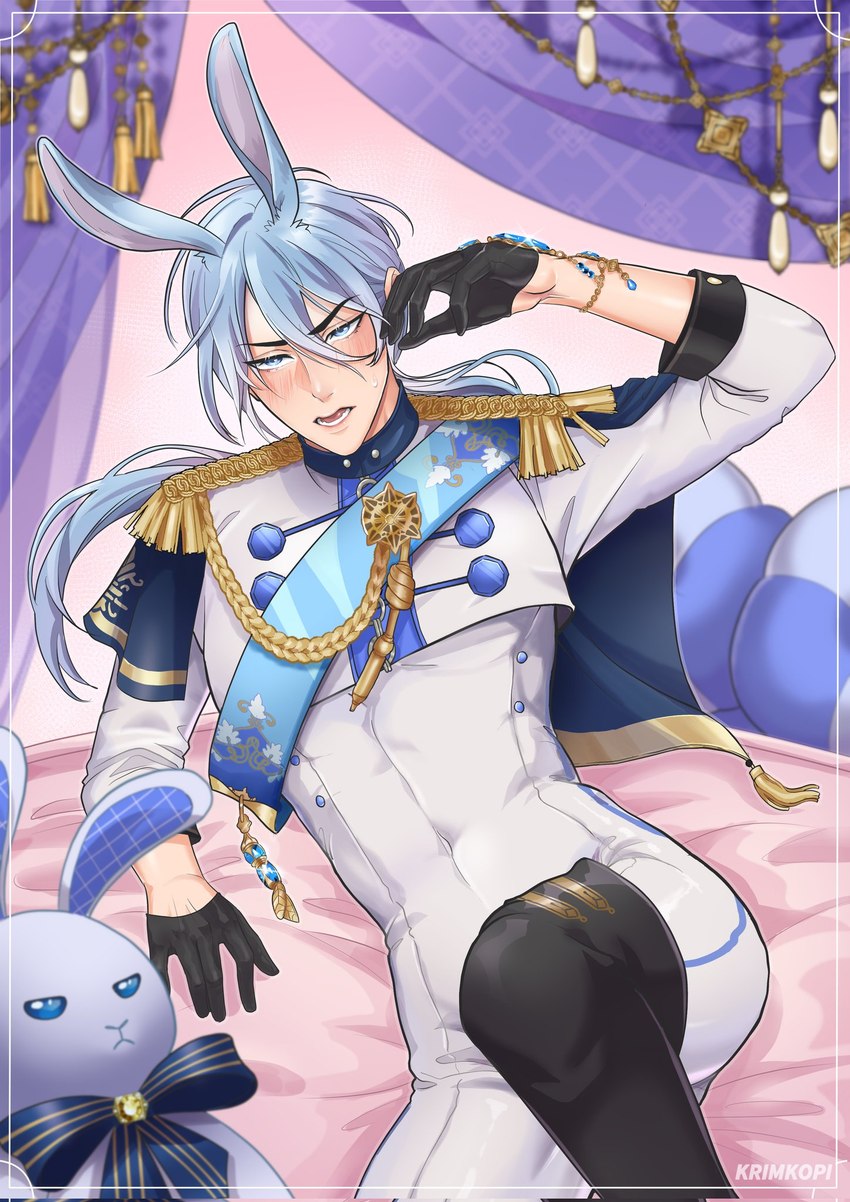 animal_ears bed blue_eyes blue_hair blush bodysuit boots clothed clothing curtains detailed_background epaulet eyebrows footwear fully_clothed furniture gem gloves hair handwear legwear lips long_hair male on_bed pillow plushie ponytail rabbit_ears sash shoes skinsuit solo tassels teeth thigh_boots thigh_highs tight_clothing krimkopi nu:_carnival edmond_(nu:_carnival) animal_humanoid humanoid lagomorph lagomorph_humanoid leporid_humanoid mammal mammal_humanoid rabbit_humanoid hi_res