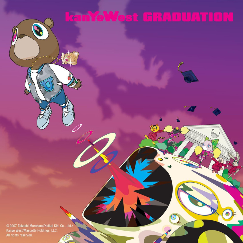 anthro bottomwear breasts brown_body cheerleader cheerleader_outfit clothing female graduation_cap group jacket jewelry letterman_jacket male midair necklace pom_poms skirt smile superflat surrealism text topwear takashi_murakami graduation_(album) kanye_west dropout_bear bear domestic_pig lagomorph leporid mammal rabbit suid suine sus_(pig) 1:1 2007 album_cover cover english_text hi_res official_art