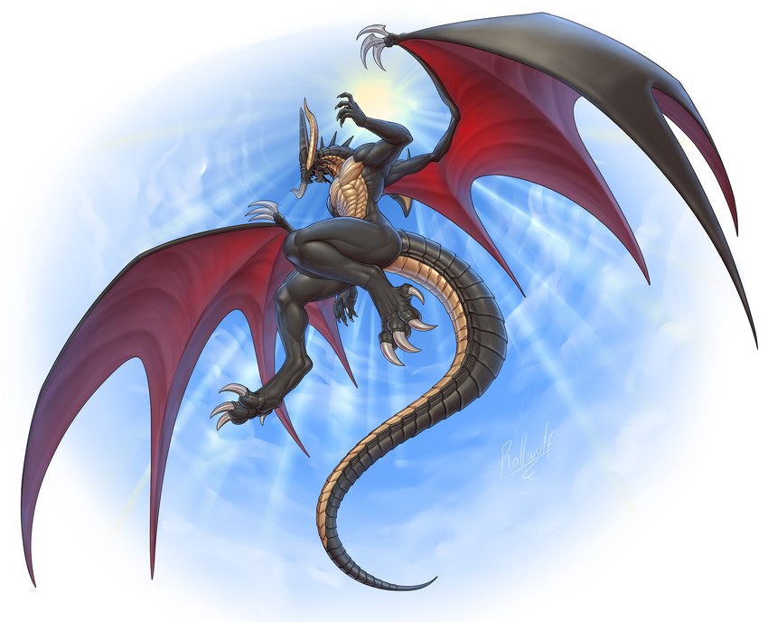 abs anthro claws feet flying low-angle_view male muscular muscular_male nude pecs simple_background solo tail wings rollwulf european_mythology final_fantasy final_fantasy_ix mythology square_enix bahamut dragon mythological_creature mythological_scalie scalie western_dragon hi_res