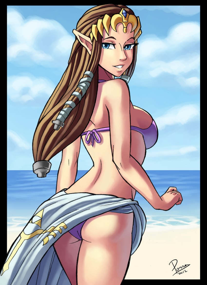 beach big_breasts bikini blue_eyes blue_sky breasts brown_hair butt butt_pose clothing cloud day female hair humanoid_pointy_ears long_hair looking_at_viewer looking_back not_furry outside pointy_ears pose purple_bikini purple_clothing purple_swimwear sea seaside sky smile solo swimwear three-quarter_view two-piece_swimsuit water parsujera nintendo the_legend_of_zelda the_legend_of_zelda:_twilight_princess princess_zelda humanoid hylian absurd_res hi_res portrait three-quarter_portrait