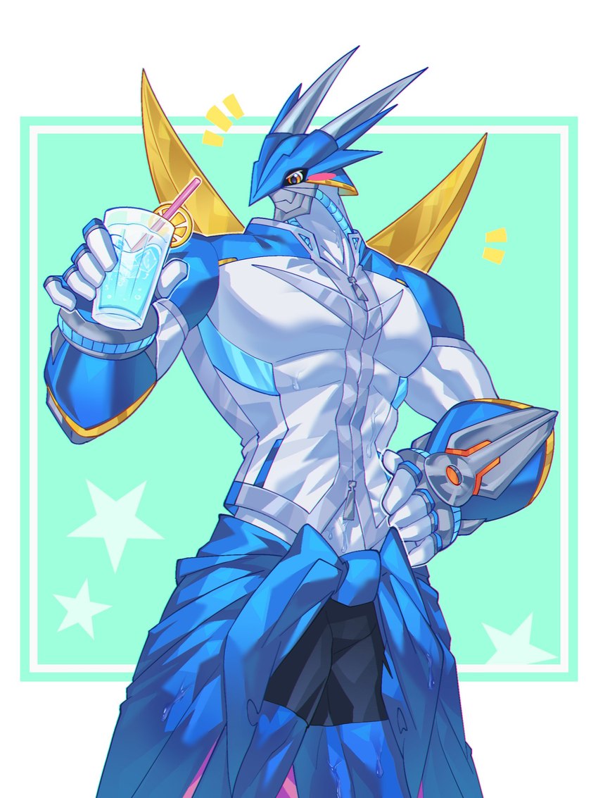 abs anthro armor athletic_wear beverage blue_body blush bodily_fluids clothing gauntlets gloves handwear headgear helmet horn male muscular muscular_male pecs red_eyes solo sweat tight_clothing white_body confeito000_333 bandai_namco digimon mythology digimon_(species) dragon humanoid mythological_creature mythological_scalie scalie ulforceveedramon 2025 absurd_res blue_theme digital_drawing_(artwork) digital_media_(artwork) hi_res