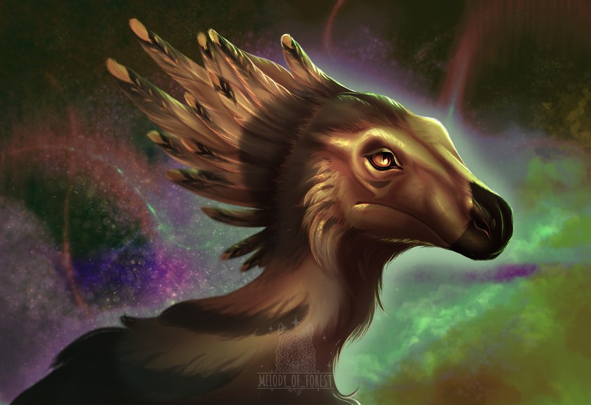 abstract_background ambiguous_gender black_nose cosmic_background feathers feral pupils slit_pupils solo space space_background tan_body tan_feathers yellow_sclera melodyofforest dinosaur dromaeosaurid feathered_dinosaur feathered_scalie prehistoric_species reptile scalie theropod velociraptor bust_portrait digital_media_(artwork) digital_painting_(artwork) portrait signature watermark