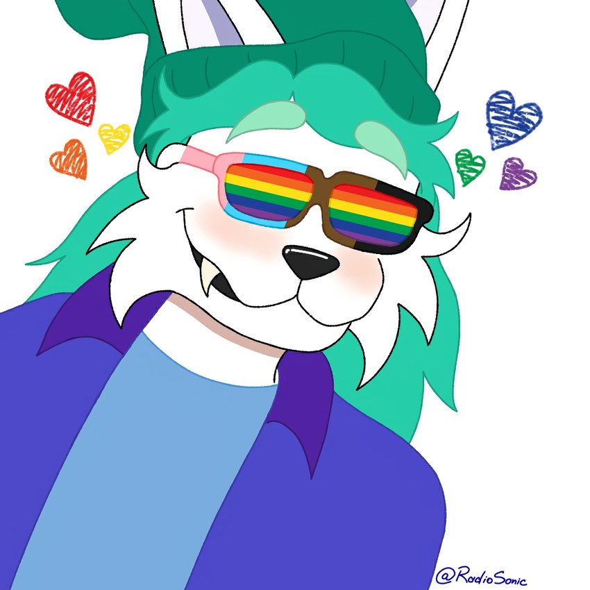 anthro black_nose blue_clothing blue_shirt blue_topwear blush clothing ears_up eyewear fur glasses green_clothing green_hair green_hat green_headwear hair happy hat headgear headwear heart_symbol jacket lgbt lgbt_pride male open_mouth pride_colors progress_pride_colors purple_clothing purple_jacket purple_topwear rainbow_pride_colors sack shirt simple_background smile solo teeth topwear white_body white_fur white_skin winter_hat radiosonic94 lgbt_pride_month alex_(radiosonic94) canid canine canis domestic_dog mammal 1:1 hi_res