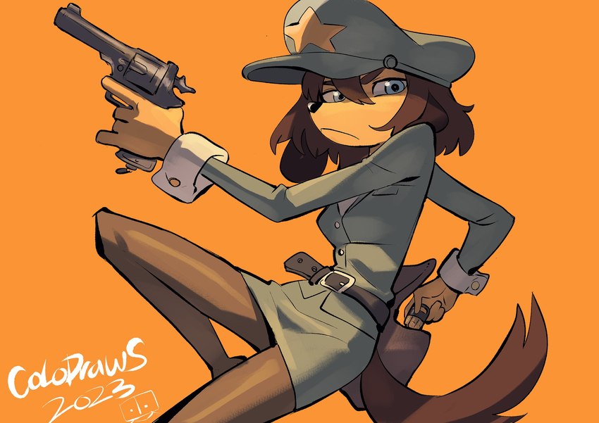 anthro belt blue_eyes bottomwear clothing female fur gun handgun hat headgear headwear holding_gun holding_handgun holding_object holding_pistol holding_ranged_weapon holding_weapon military_hat military_uniform orange_background peaked_cap pistol ranged_weapon simple_background skirt solo tan_body tan_fur uniform weapon colo misha_(colo) canid canine canis domestic_dog mammal 2023 hi_res