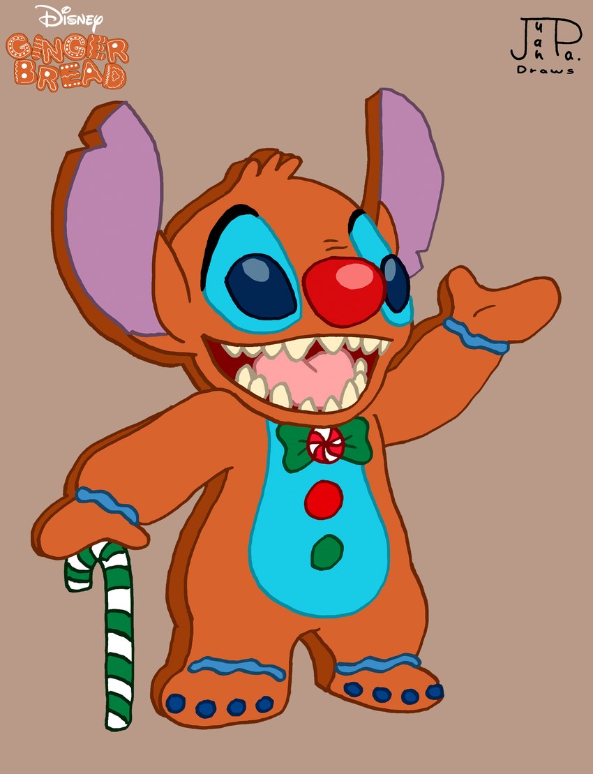 after_transformation anthro blue_eyes bow_tie brown_background candy candy_cane cookie dessert facing_aside food food_transformation gingerbread_cookie holidays logo looking_away male no_pupils open_mouth peppermint_(candy) sharp_teeth simple_background solo teeth transformation juanpadraws christmas disney lilo_and_stitch stitch_(lilo_and_stitch) alien experiment_(lilo_and_stitch) food_creature 2023 hi_res signature