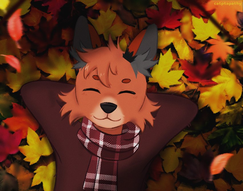 anthro autumn autumn_leaves brown_clothing brown_scarf brown_sweater brown_topwear checkered checkered_clothing cheek_tuft clothed clothing ear_tuft eyes_closed facial_tuft falling_leaves fur hands_behind_head lying lying_on_ground male on_back on_ground orange_body orange_fur pattern_clothing resting scarf smile solo sweater textured_clothing topwear tuft catptapathy canid canine canis domestic_dog mammal