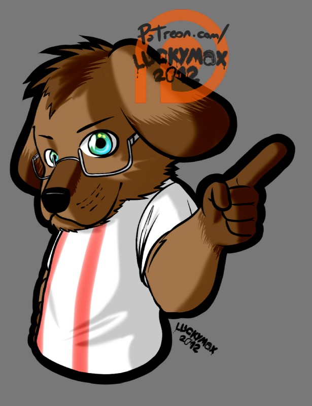 5_fingers anthro black_nose brown_body brown_fur clothed clothing eyewear fingers fur gesture glasses grey_background hand_gesture male pointing shirt simple_background solo sticker topwear luckymax2012 canid canine canis domestic_dog mammal 2012 cel_shading digital_media_(artwork) hi_res shaded