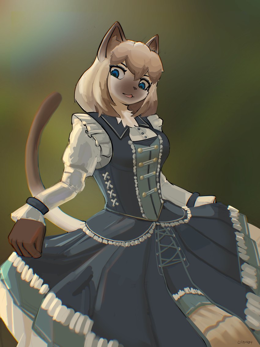 alternative_fashion anthro blonde_hair blue_eyes breasts brown_body brown_fur classic_lolita clothed clothing dress female fur hair j-fashion juliet_sleeves lolita_(fashion) open_mouth puffy_sleeves solo white_body white_fur gfox404 colorpoint domestic_cat felid feline felis mammal siamese 3:4 absurd_res hi_res